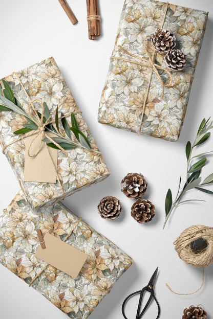 Premium Watercolor Wrapping Paper Roll with Christmas Poinsettias and Winter Floral Pattern #23