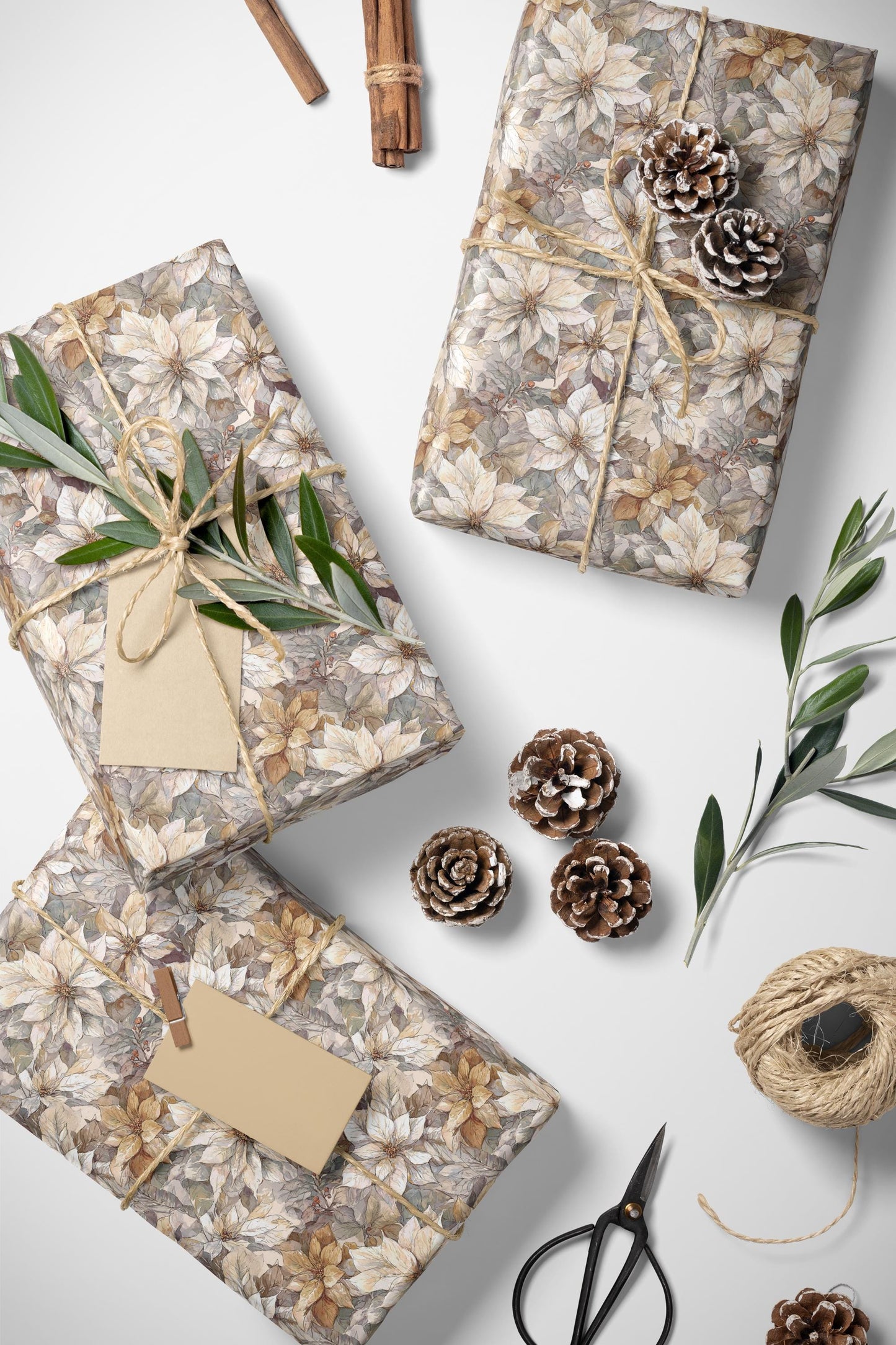 Winter Christmas Wrapping Paper Roll with Poinsettias, Elegant Watercolor Holiday Gift Wrap #22