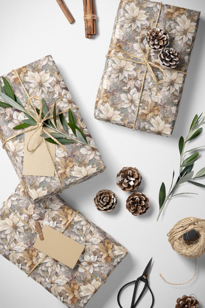 Winter Christmas Wrapping Paper Roll with Poinsettias, Elegant Watercolor Holiday Gift Wrap #22