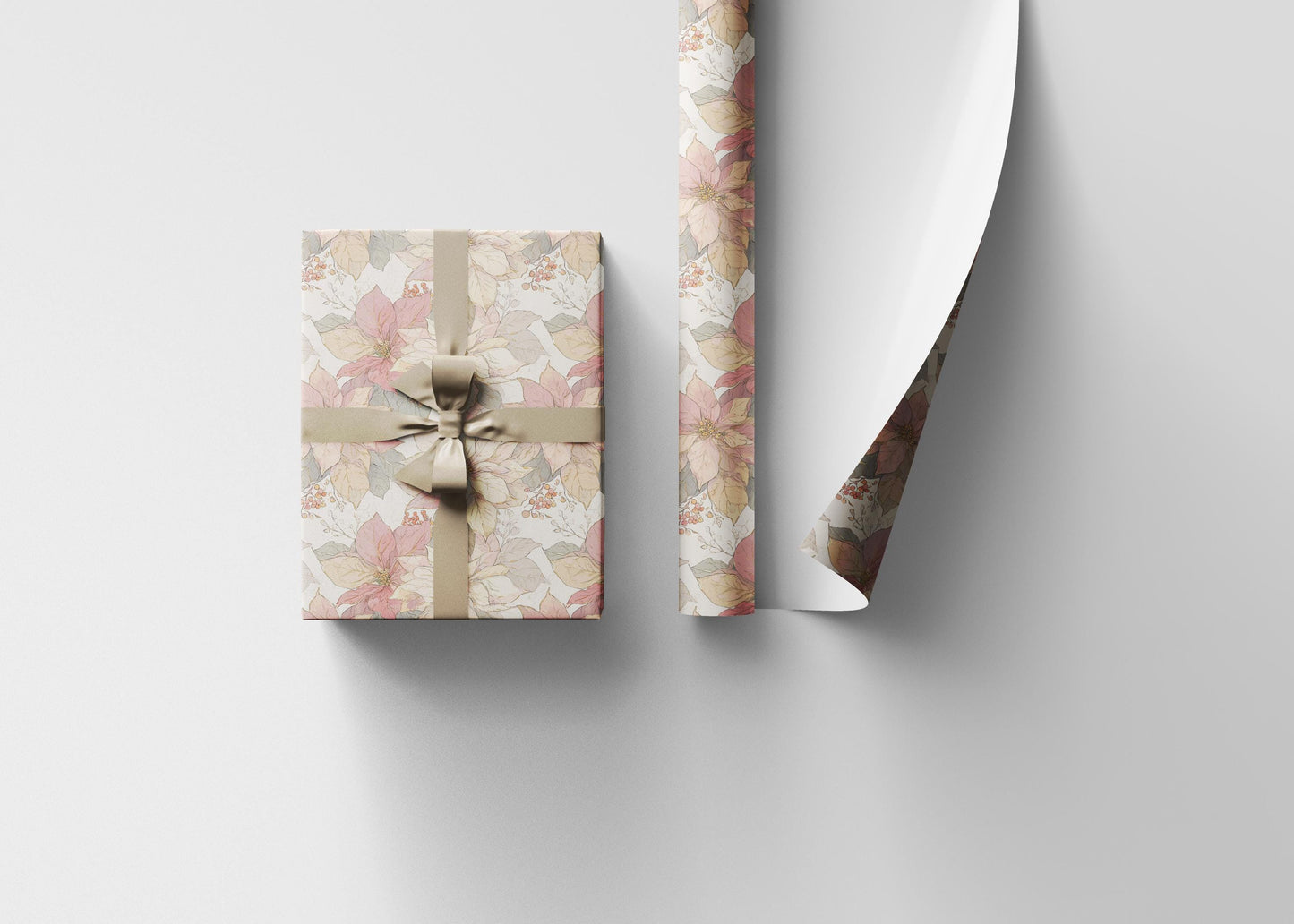 Christmas Poinsettia Wrapping Paper Roll, Elegant Watercolor Gift Wrap for Winter Holiday Gifts #21