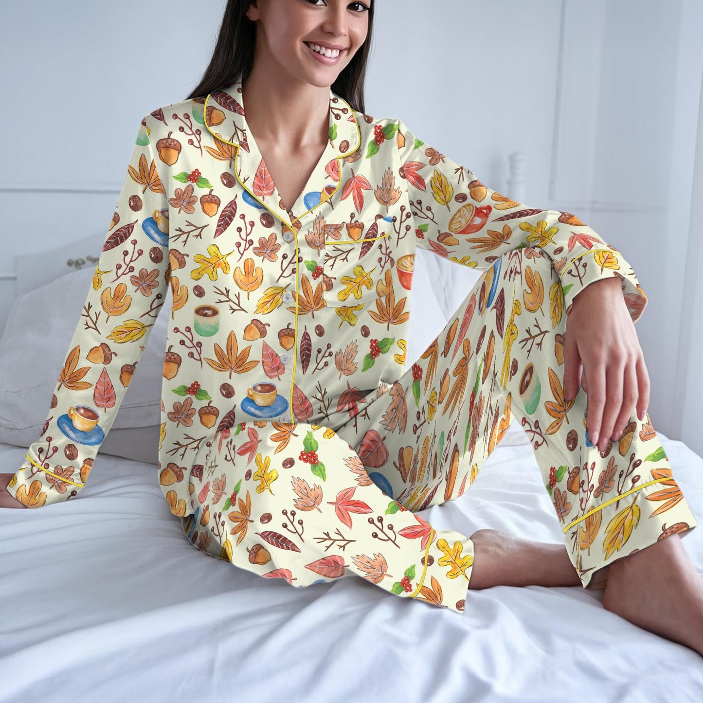 Fall Pajama Set, Cozy Autumn Leaves & Coffee Sleepwear, Thanksgiving Loungewear Set, Cozy Season Pajamas, Autumn Vibes, Cozy Autumn Coffee