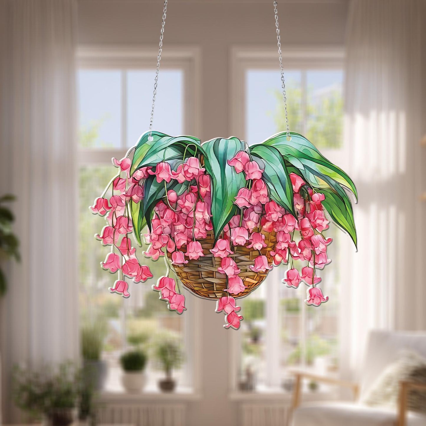 Pink Bellflower Basket Window Hanging, Floral Hanging Basket Decoration for Garden Lovers, Spring-Inspired Botanical Room or Porch Accent