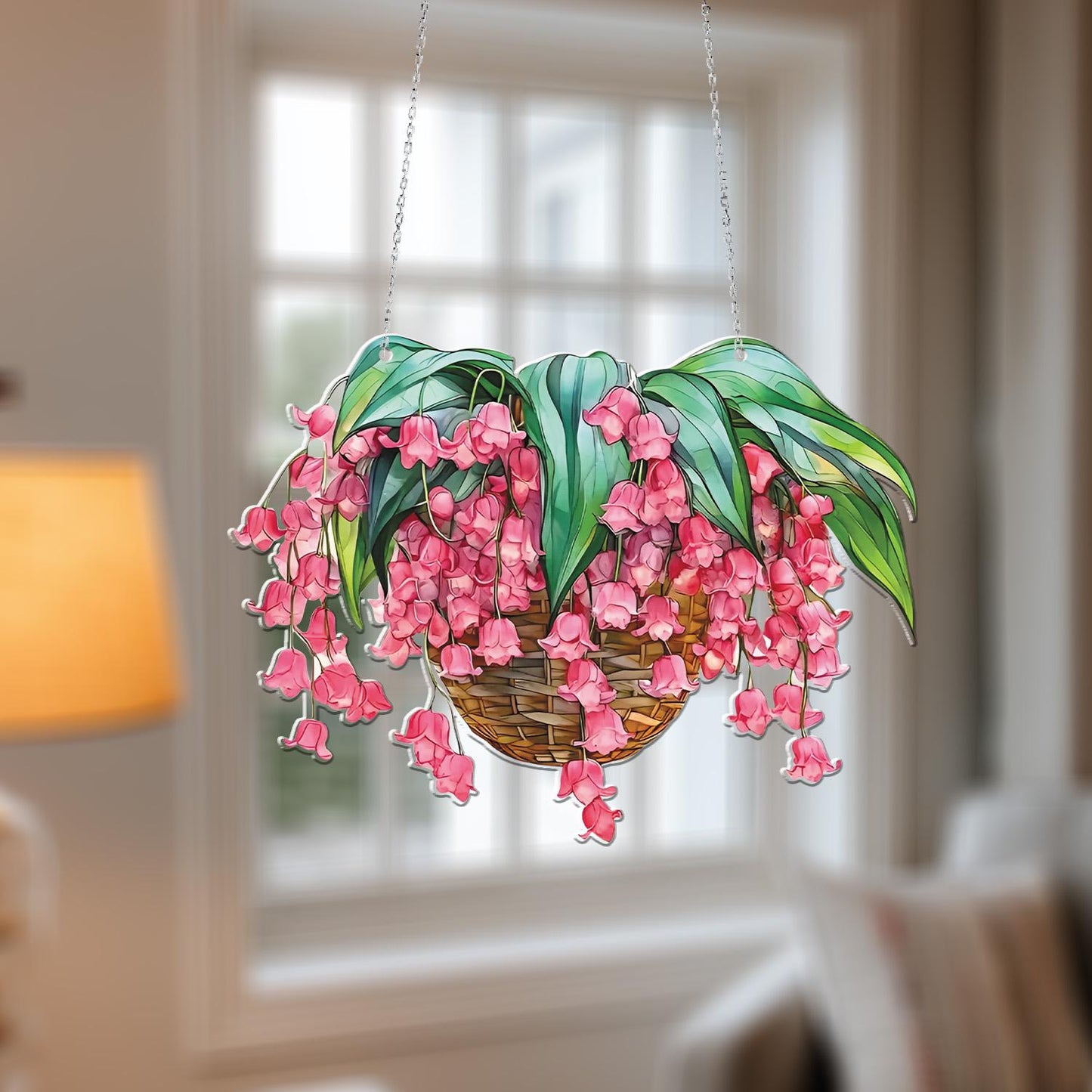 Pink Bellflower Basket Window Hanging, Floral Hanging Basket Decoration for Garden Lovers, Spring-Inspired Botanical Room or Porch Accent