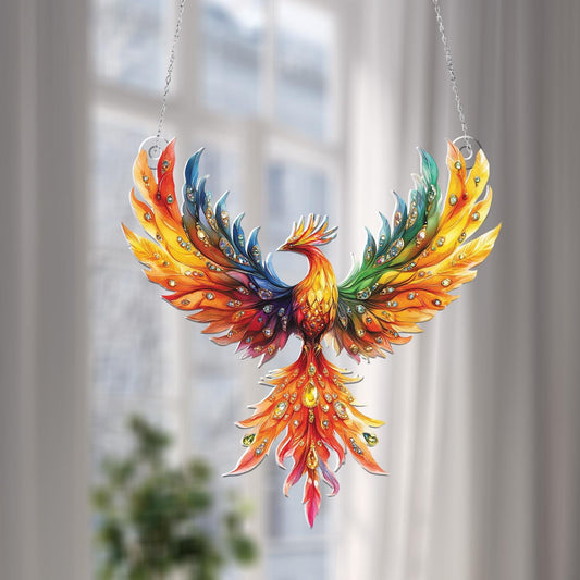 Colorful Phoenix Window Hanging Ornament, Rainbow Firebird Decor for Spiritual Energy, Rebirth Symbol Art for Boho Room, Wall Window Accent