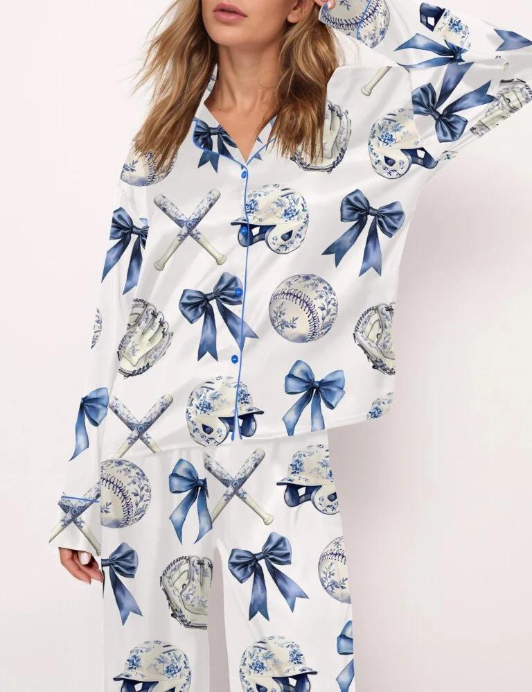 Chinoiserie Baseball Silky Satin Pajama Set For Women  Pajamas Set