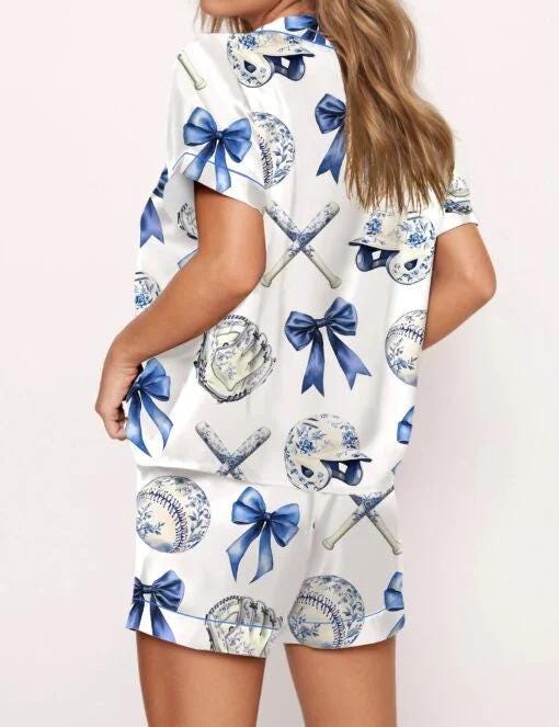 Chinoiserie Baseball Silky Satin Pajama Set For Women  Pajamas Set