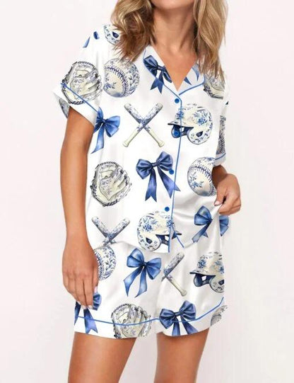 Chinoiserie Baseball Silky Satin Pajama Set For Women  Pajamas Set