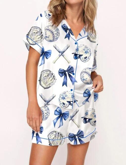 Chinoiserie Baseball Silky Satin Pajama Set For Women  Pajamas Set