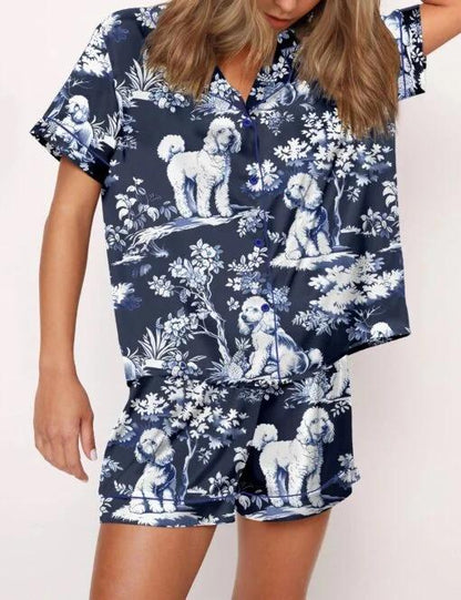 Blue Poodle Dog Silky Satin Pajama Set For Women  Pajamas Set