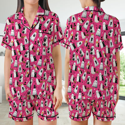 Black Cat Halloween Satin Pajamas Set, Spooky Season Pajama Set, Boo Ghost Cat Lover Sleepwear, Funny Cat Mama Halloween Pajamas Set