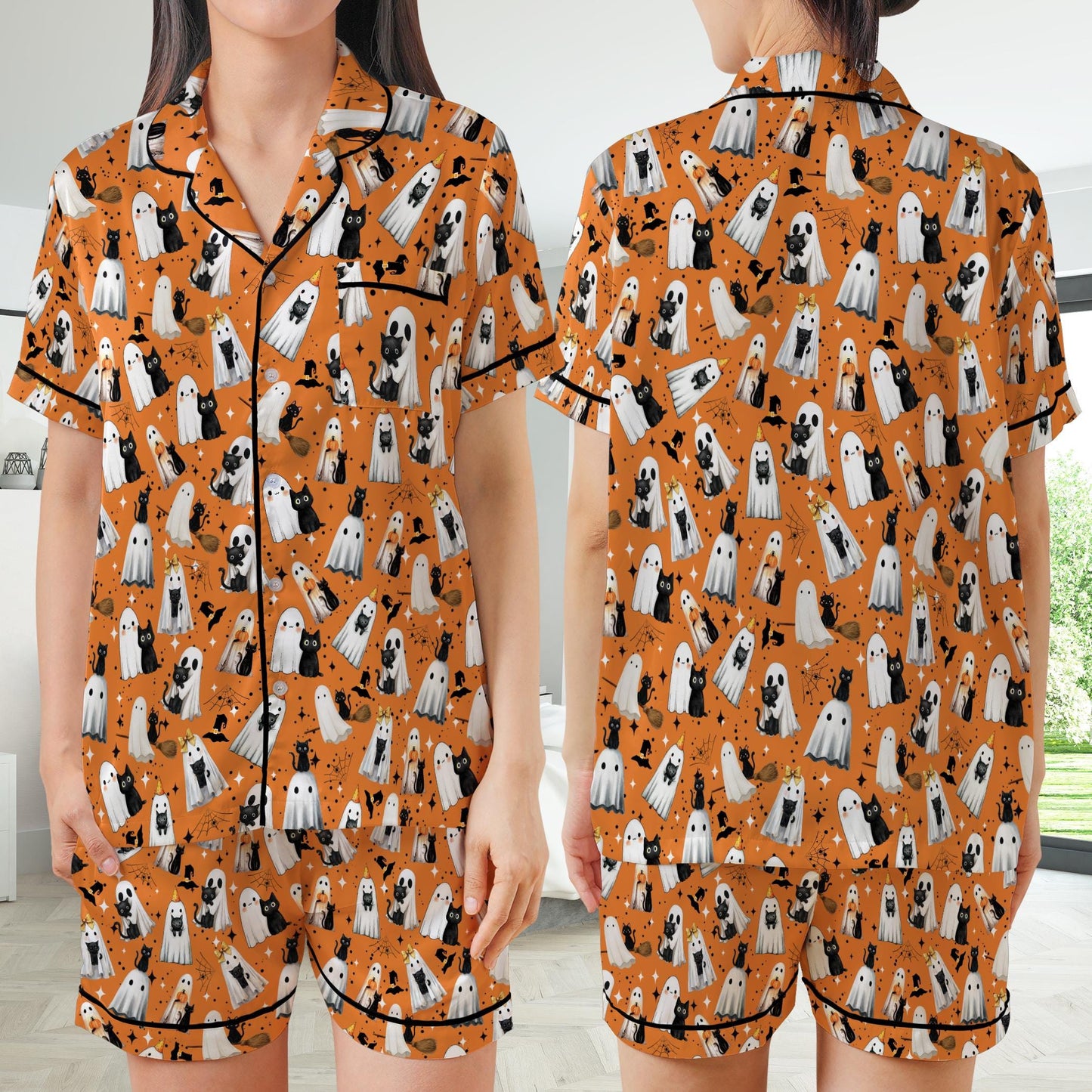 Black Cat Halloween Satin Pajamas Set, Spooky Season Pajama Set, Boo Ghost Cat Lover Sleepwear, Funny Cat Mama Halloween Pajamas Set