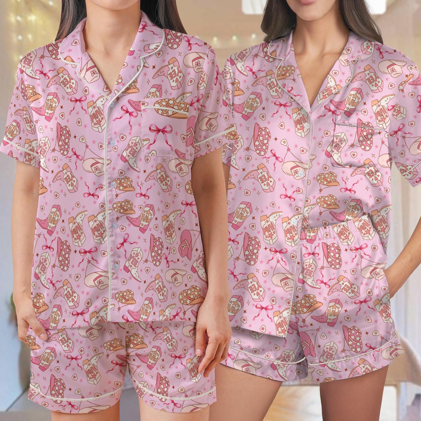 Pink Yee Haw Western Cowgirl Pajama Set, Coquette Cowgirl Sleepwear, Girly Western Loungewear Set, Pink Cowgirl Pjs, Cowgirl Hats & Boots