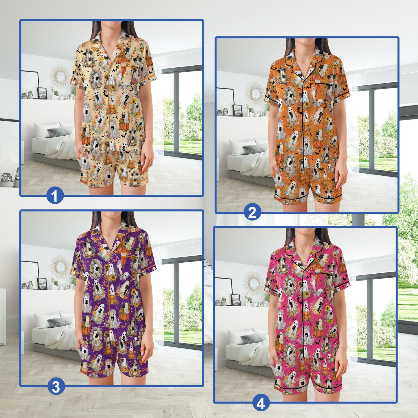 Wild Flower Black Cat Halloween Satin Pajamas Set, Spooky Pajama Set, Boo Ghost Cat Lover Sleepwear, Funny Cat Mama Halloween Pajamas Set