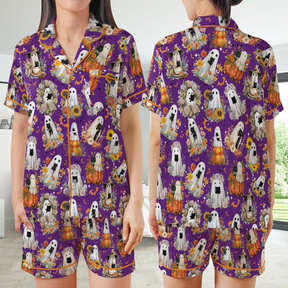 Wild Flower Black Cat Halloween Satin Pajamas Set, Spooky Pajama Set, Boo Ghost Cat Lover Sleepwear, Funny Cat Mama Halloween Pajamas Set