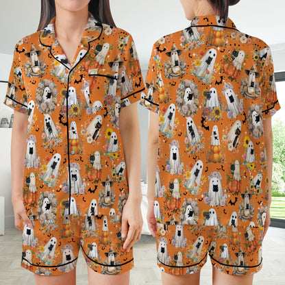 Wild Flower Black Cat Halloween Satin Pajamas Set, Spooky Pajama Set, Boo Ghost Cat Lover Sleepwear, Funny Cat Mama Halloween Pajamas Set