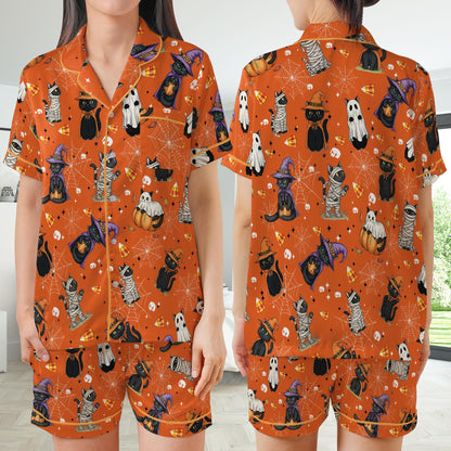 Boo Ghost Black Cat Halloween Satin Pajamas Set, Spooky Season Pajama Set, Funny Cat Lover Sleepwear, Cat Mama Halloween Gift