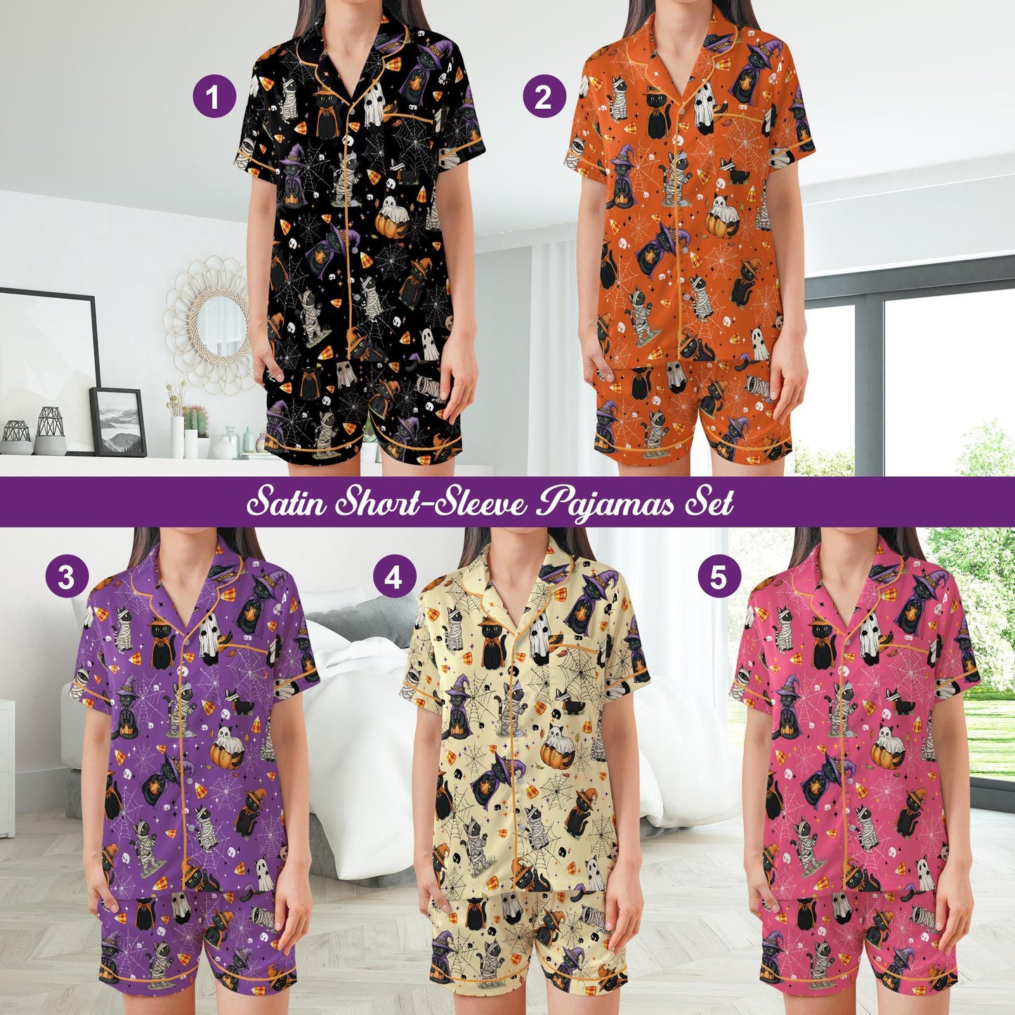 Boo Ghost Black Cat Halloween Satin Pajamas Set, Spooky Season Pajama Set, Funny Cat Lover Sleepwear, Cat Mama Halloween Gift