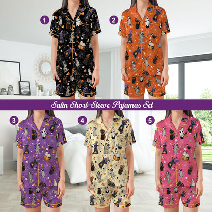 Boo Ghost Black Cat Halloween Satin Pajamas Set, Spooky Season Pajama Set, Funny Cat Lover Sleepwear, Cat Mama Halloween Gift