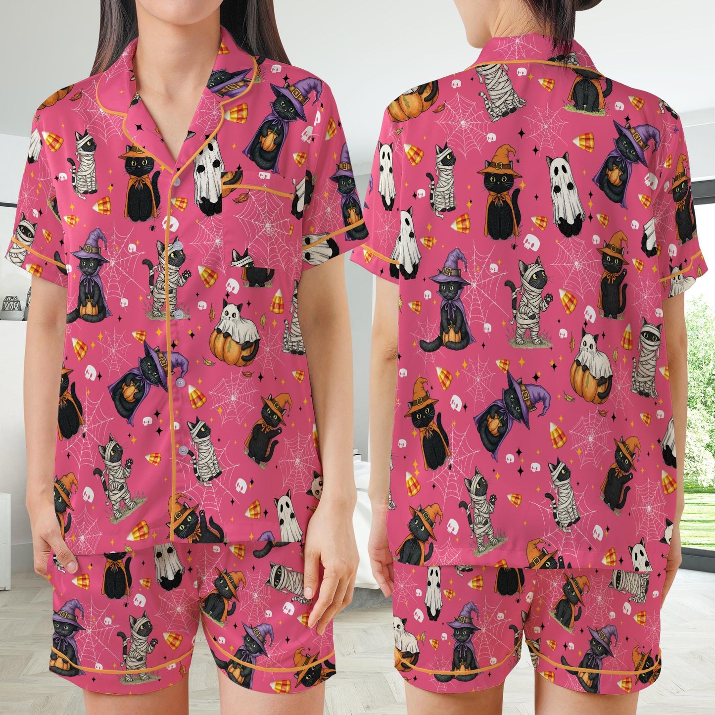 Boo Ghost Black Cat Halloween Satin Pajamas Set, Spooky Season Pajama Set, Funny Cat Lover Sleepwear, Cat Mama Halloween Gift