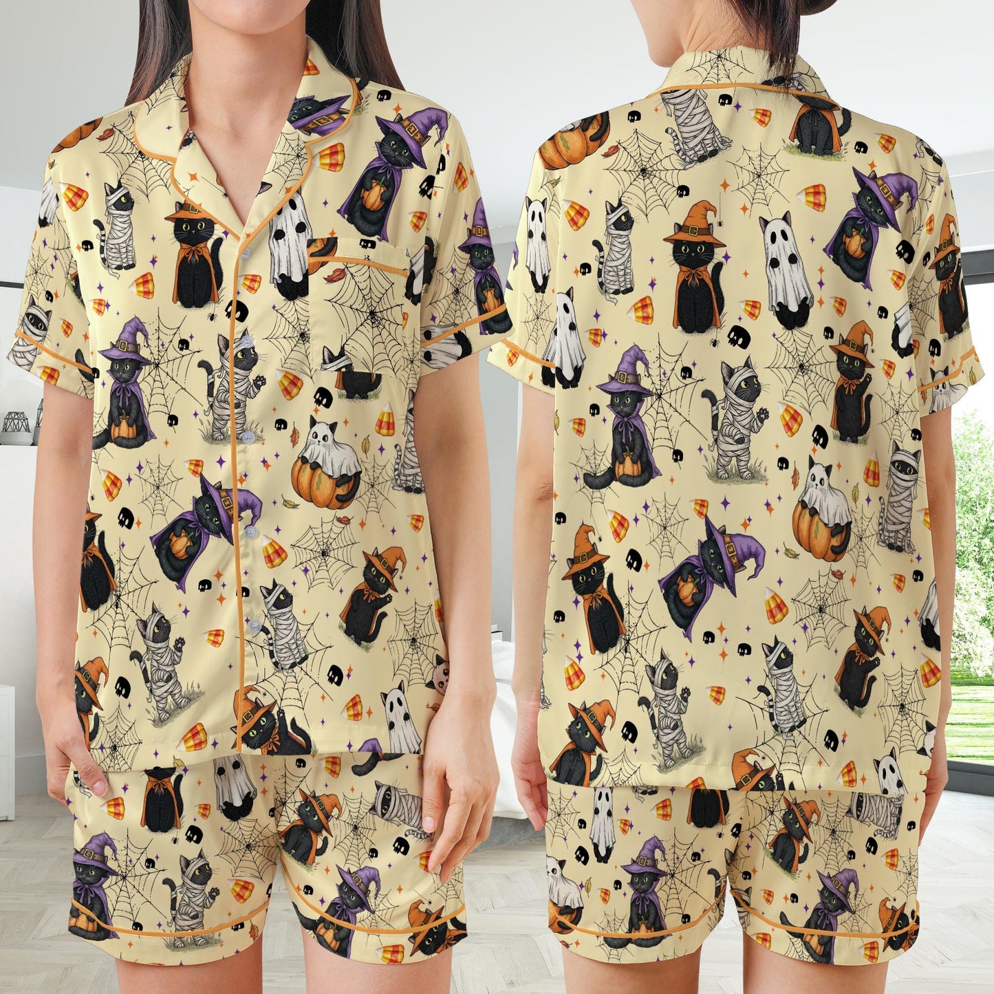 Boo Ghost Black Cat Halloween Satin Pajamas Set, Spooky Season Pajama Set, Funny Cat Lover Sleepwear, Cat Mama Halloween Gift