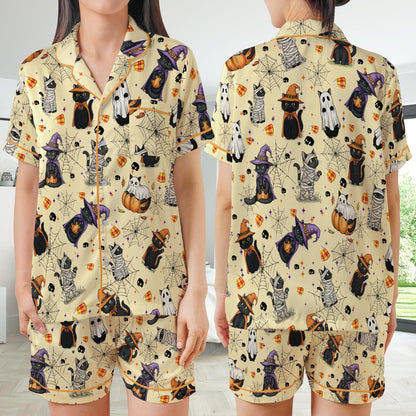 Boo Ghost Black Cat Halloween Satin Pajamas Set, Spooky Season Pajama Set, Funny Cat Lover Sleepwear, Cat Mama Halloween Gift