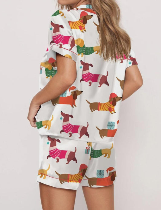 Christmas Festive Dachshund Satin Pajama Set For Women  Pajamas Set