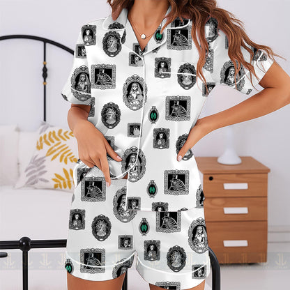 Haunted Mansion Welcome Foolish Mortal Frame Unisex Satin Pajamas Set, Spooky Season Pajamas , Long Sleeve And Short Styles