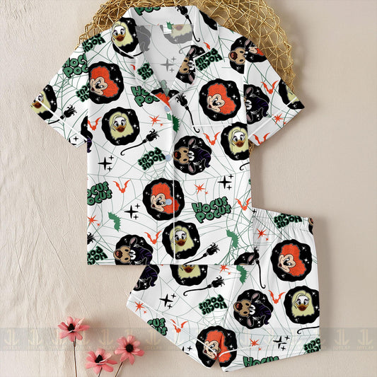 Minnie Daisy Duck Clarabelle Hocus Pocus Unisex Satin Pajamas Set, Spooky Season Pajamas , Long Sleeve And Short Styles