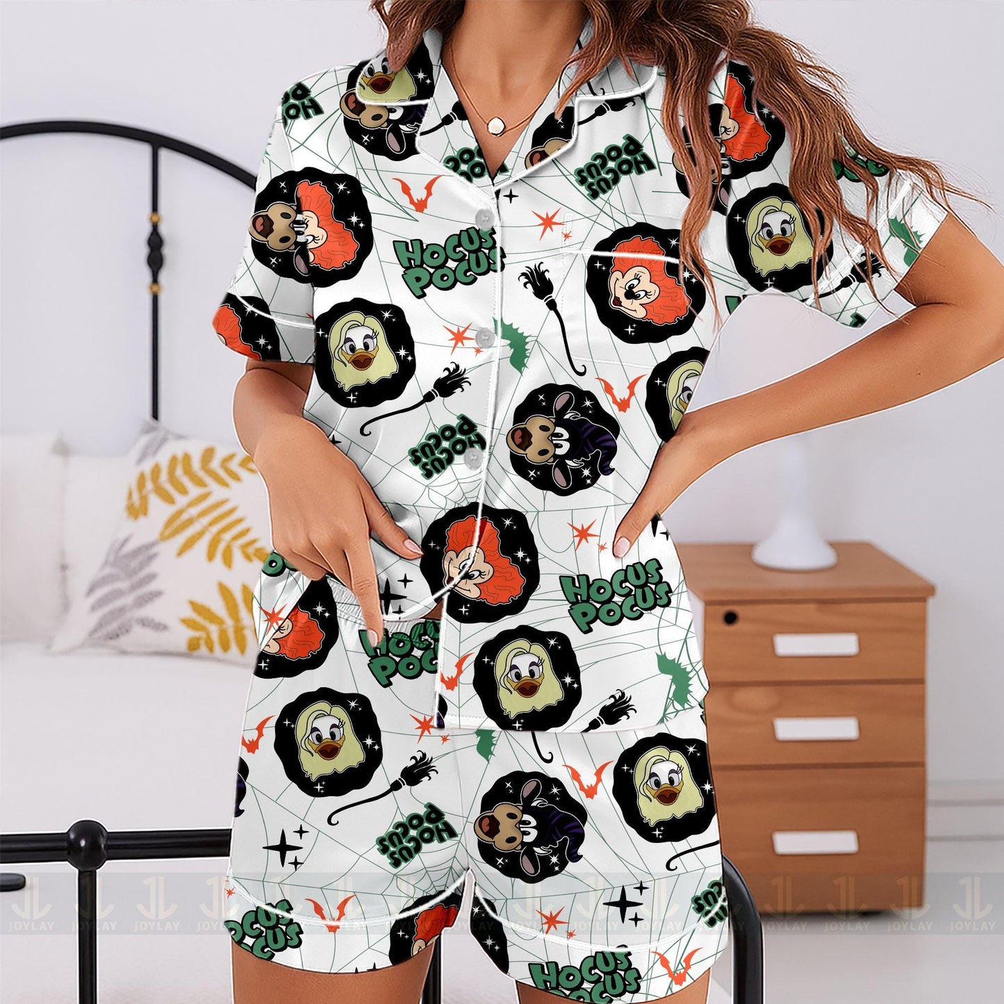 Minnie Daisy Duck Clarabelle Hocus Pocus Unisex Satin Pajamas Set, Spooky Season Pajamas , Long Sleeve And Short Styles