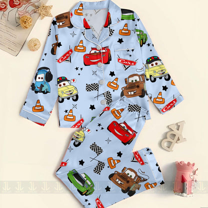 sTow Mater McQueen Friend Cars Unisex Satin Pajamas Set, Spooky Season Pajamas , Long Sleeve And Short Styles