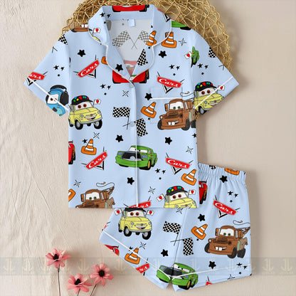 sTow Mater McQueen Friend Cars Unisex Satin Pajamas Set, Spooky Season Pajamas , Long Sleeve And Short Styles
