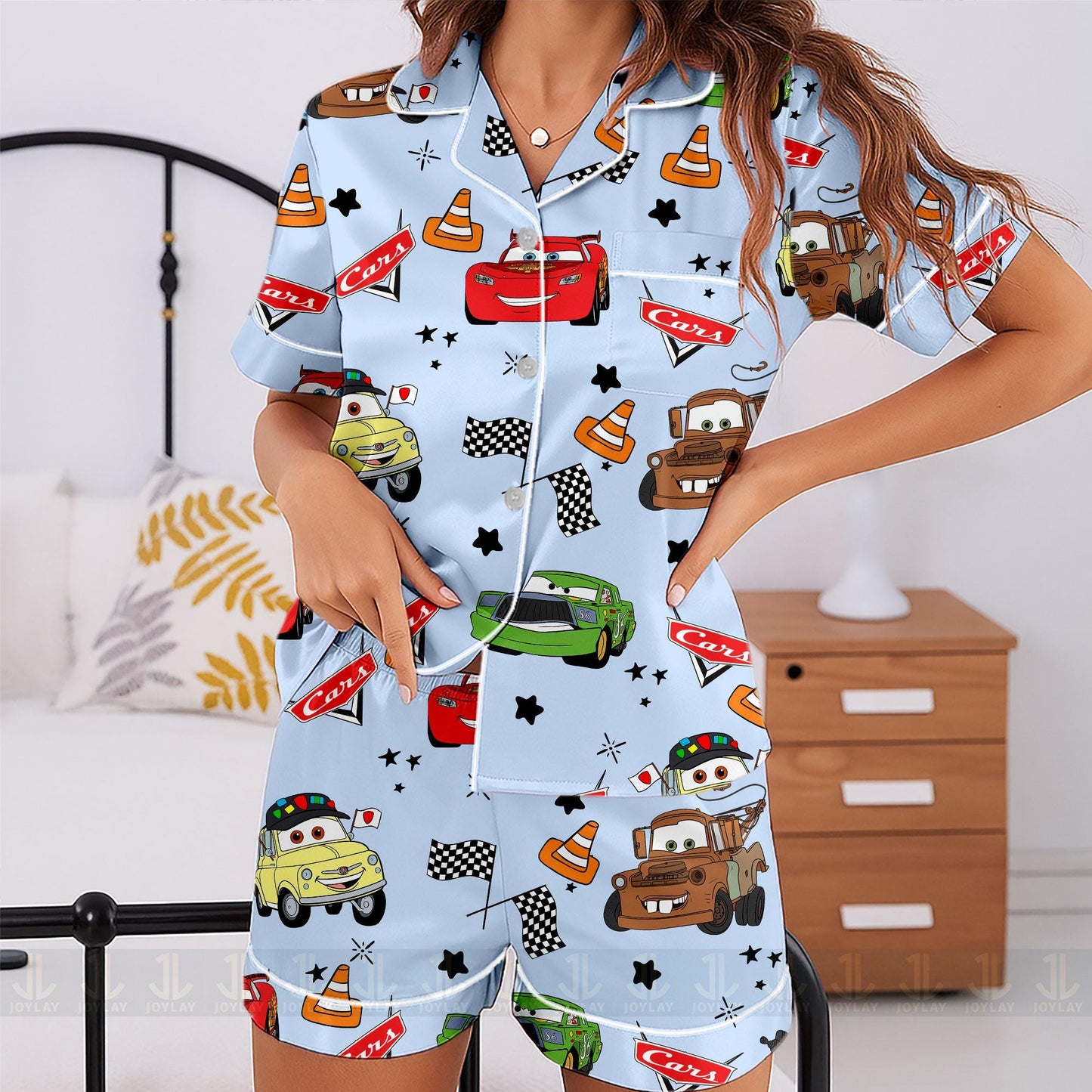 sTow Mater McQueen Friend Cars Unisex Satin Pajamas Set, Spooky Season Pajamas , Long Sleeve And Short Styles