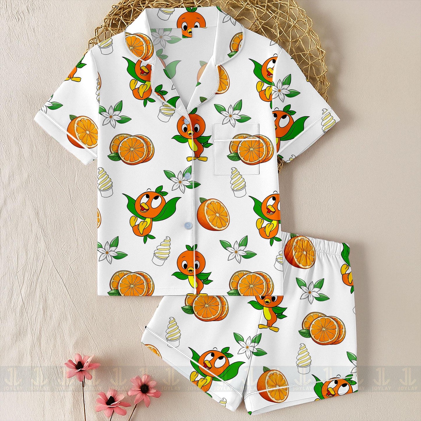 Orange Bird Unisex Satin Pajamas Set, Spooky Season Pajamas , Long Sleeve And Short Styles