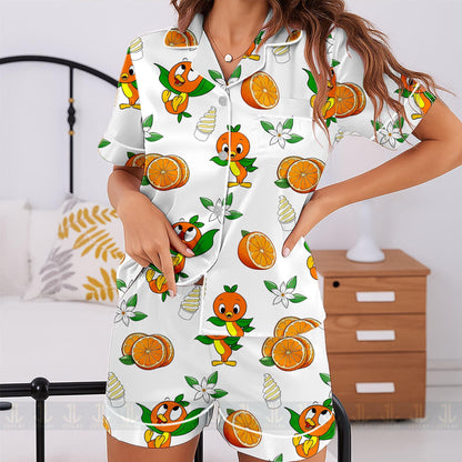 Orange Bird Unisex Satin Pajamas Set, Spooky Season Pajamas , Long Sleeve And Short Styles