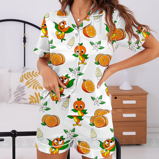 Orange Bird Unisex Satin Pajamas Set, Spooky Season Pajamas , Long Sleeve And Short Styles