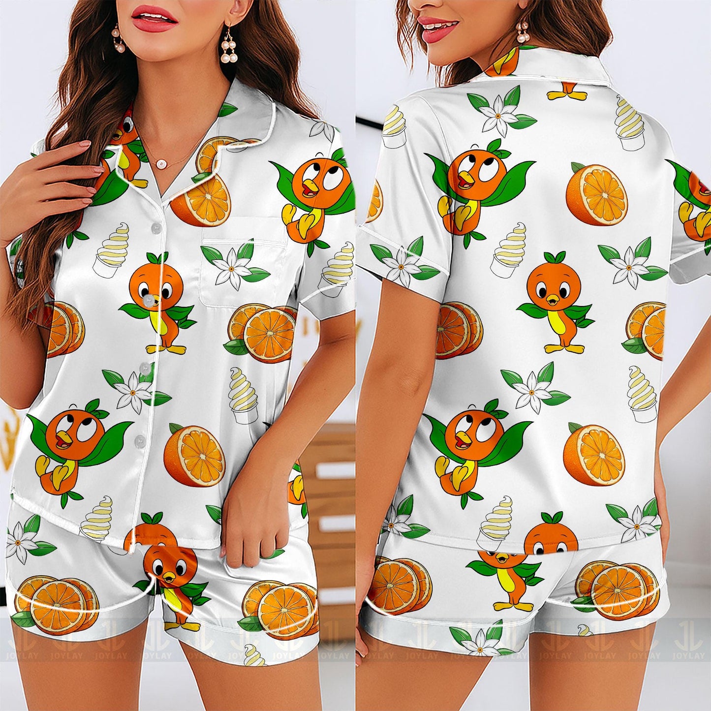 Orange Bird Unisex Satin Pajamas Set, Spooky Season Pajamas , Long Sleeve And Short Styles