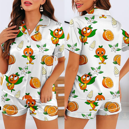Orange Bird Unisex Satin Pajamas Set, Spooky Season Pajamas , Long Sleeve And Short Styles