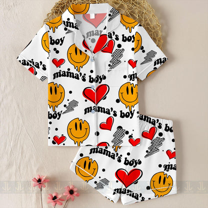 Mama Boy Heart Unisex Satin Pajamas Set, Spooky Season Pajamas , Long Sleeve And Short Styles