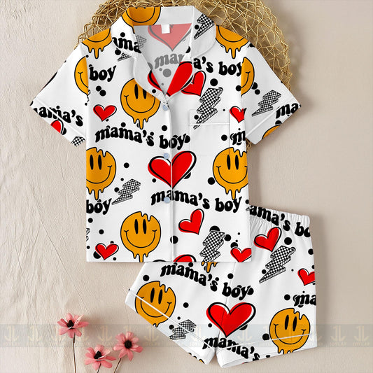 Mama Boy Heart Unisex Satin Pajamas Set, Spooky Season Pajamas , Long Sleeve And Short Styles