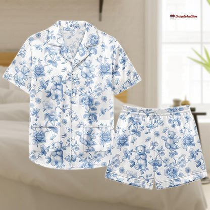 Cute Teddy Bear Pajama Set, Soft Floral Summer Sleepwear, Button Down Loungewear, Satin PJs for Women, Gift for Her