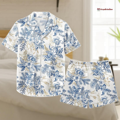 Flower Leaf Pajama Set, Summer Matching Short Sleeve Shirt and Shorts PJs, Loungewear for Women, Gift for Her