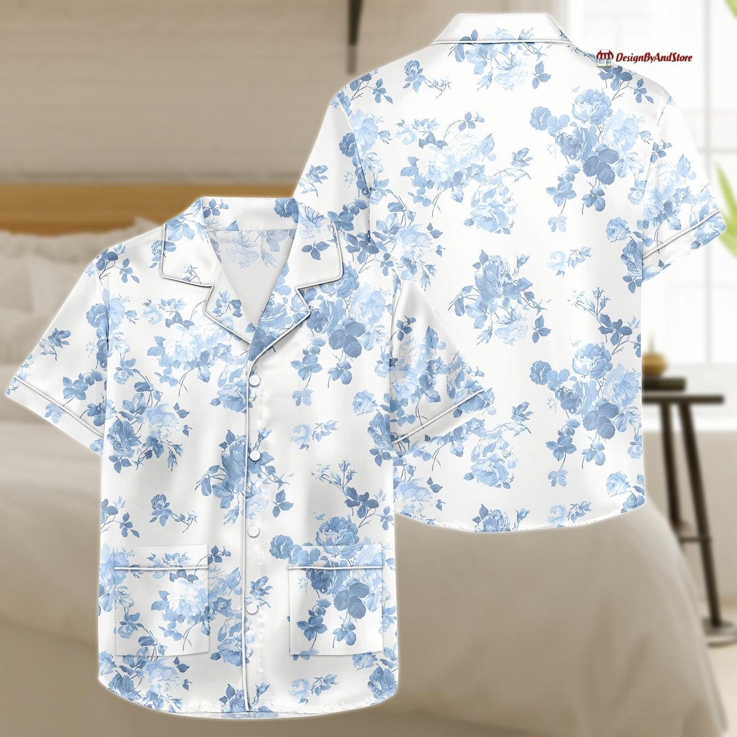 Blue Floral Pajama Set, Summer Sleepwear Set, Button Down Loungewear, Shorts Nightwear for Women, Gift for Her