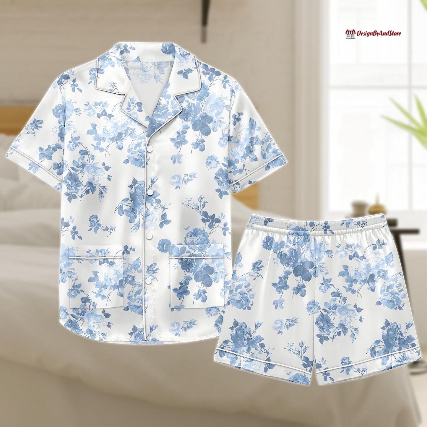 Blue Floral Pajama Set, Summer Sleepwear Set, Button Down Loungewear, Shorts Nightwear for Women, Gift for Her
