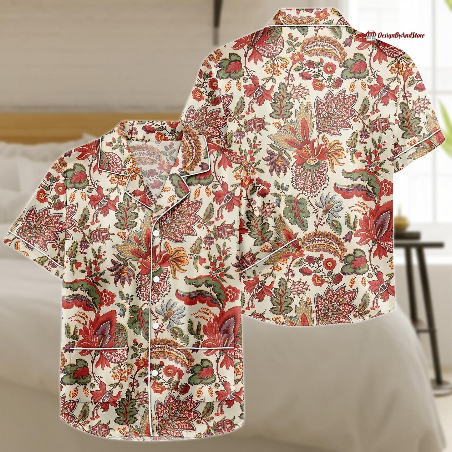 Floral Satin Pajama Set, Lightweight Button Loungewear, Red Flower Sleepwear Shirt and Shorts, Comfortable Lounge Set