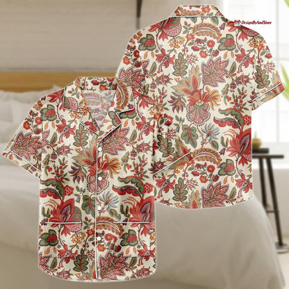 Floral Satin Pajama Set, Lightweight Button Loungewear, Red Flower Sleepwear Shirt and Shorts, Comfortable Lounge Set