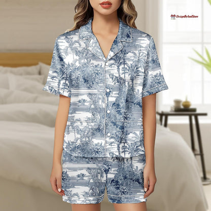 Palm Tree Pattern Pajama Set, Summer Sleepwear Shirt and Shorts, Lounge Set for Women, Satin PJs Set
