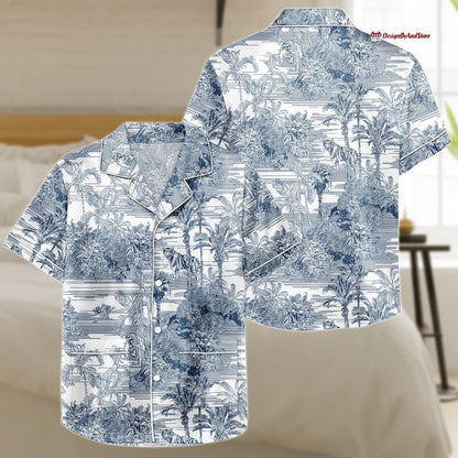 Palm Tree Pattern Pajama Set, Summer Sleepwear Shirt and Shorts, Lounge Set for Women, Satin PJs Set