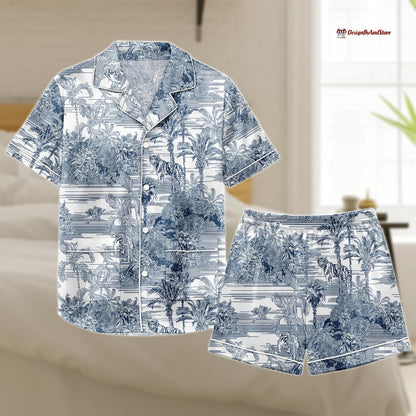 Palm Tree Pattern Pajama Set, Summer Sleepwear Shirt and Shorts, Lounge Set for Women, Satin PJs Set