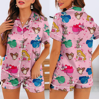 Sleeping Beauty Aurora Princess Godmother Unisex Satin Pajamas Set, Spooky Season Pajamas , Long Sleeve And Short Styles