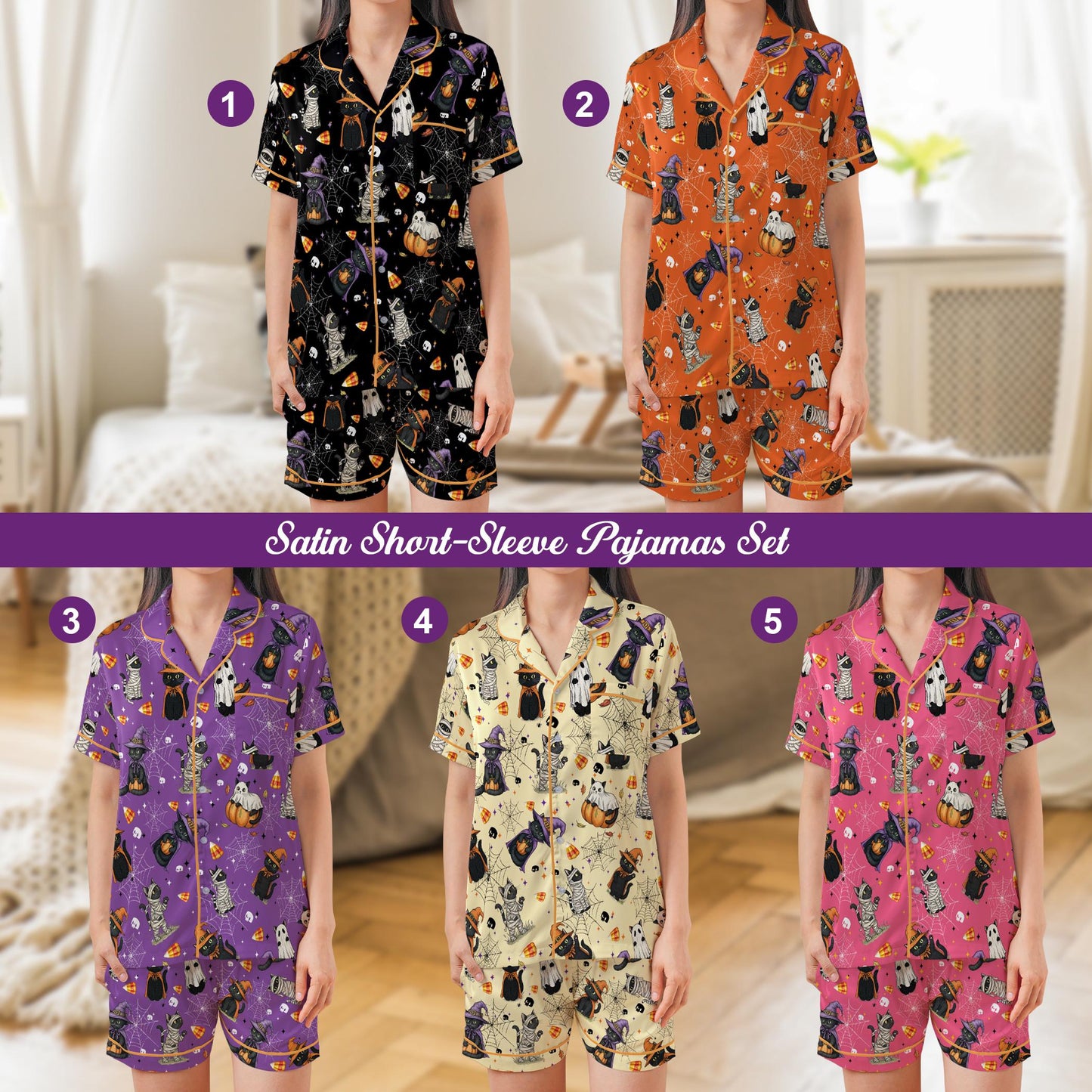 Halloween Cat Pajama Set, Cute Boo Cat Sleepwear, Spooky Black Cat Loungewear, Funny Ghost Mummy Witch Cat PJs, Gothic Halloween Pajamas